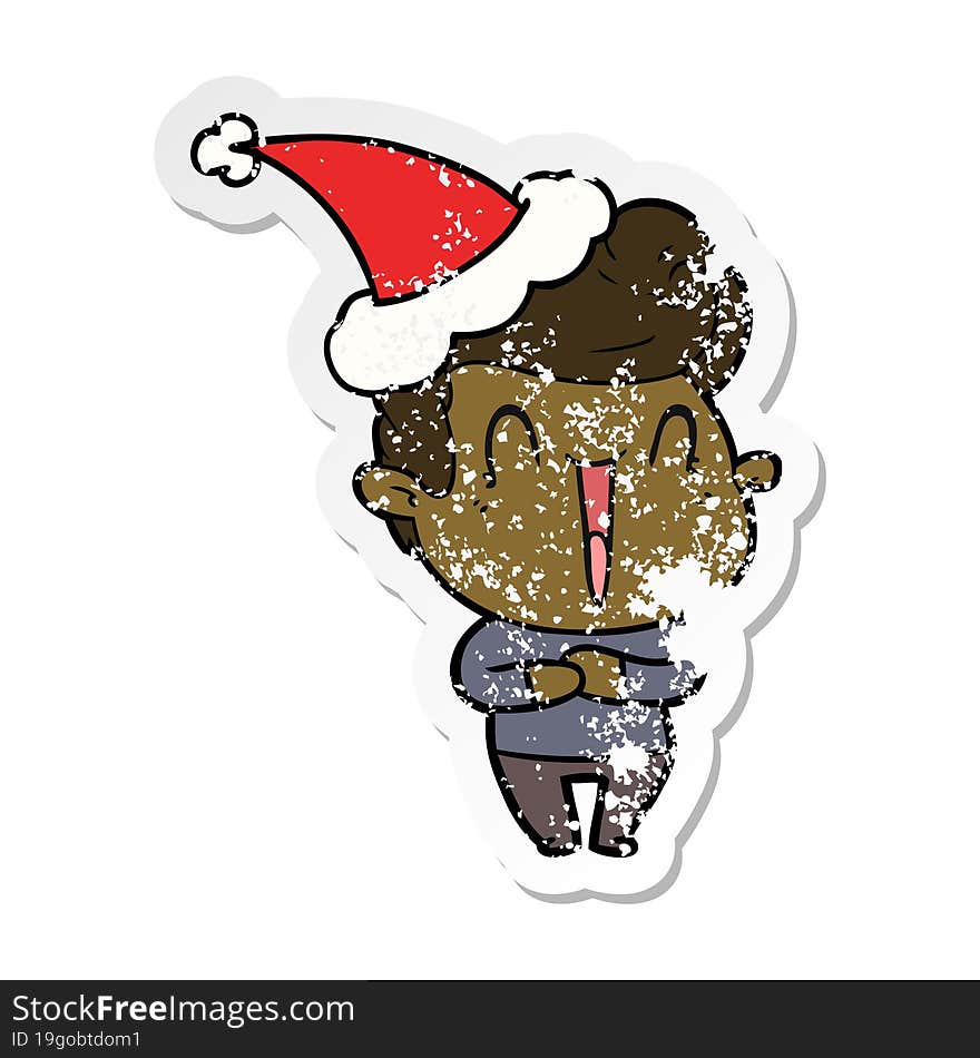 excited man hand drawn distressed sticker cartoon of a wearing santa hat. excited man hand drawn distressed sticker cartoon of a wearing santa hat