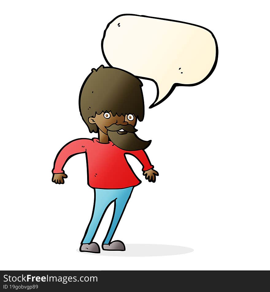 cartoon bearded man shrugging shoulders with speech bubble