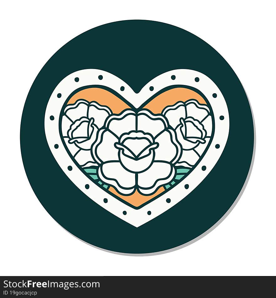 sticker of tattoo in traditional style of a heart and flowers. sticker of tattoo in traditional style of a heart and flowers