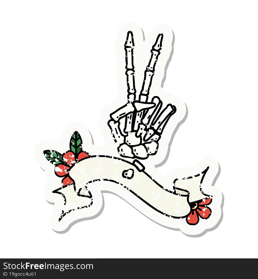 Grunge Sticker With Banner Of A Skeleton Hand Giving A Peace Sign