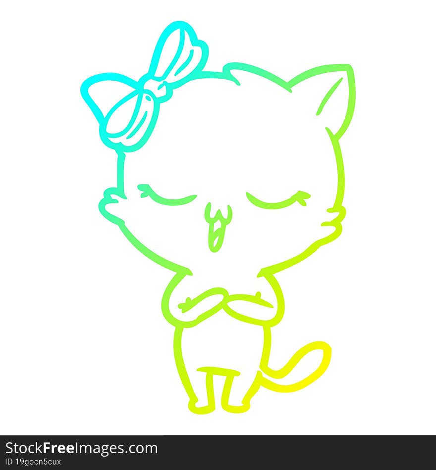 cold gradient line drawing cartoon cat with bow on head