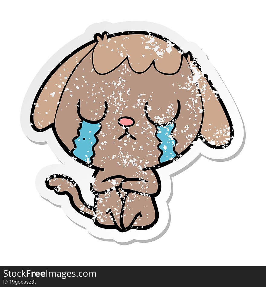 distressed sticker of a cute cartoon dog crying