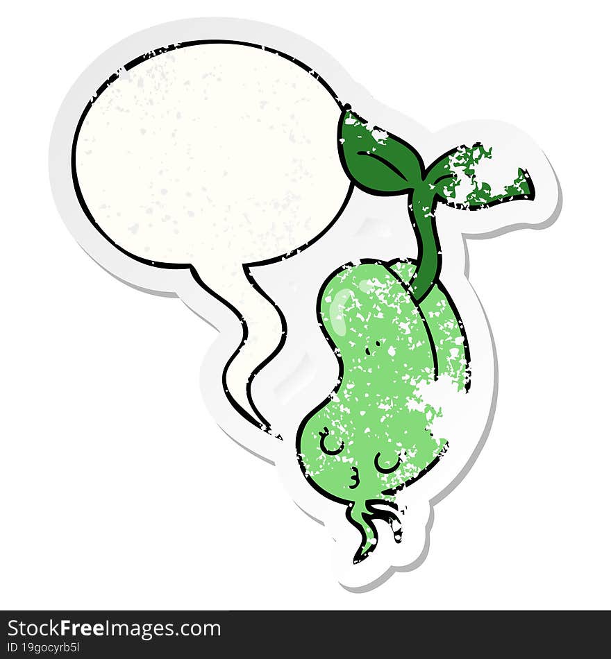 cartoon sprouting bean with speech bubble distressed distressed old sticker. cartoon sprouting bean with speech bubble distressed distressed old sticker