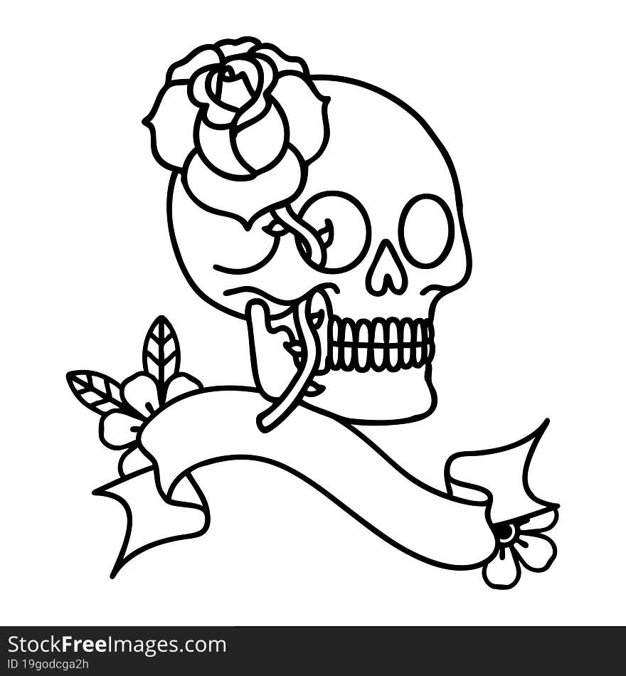 Black Linework Tattoo With Banner Of A Skull And Rose