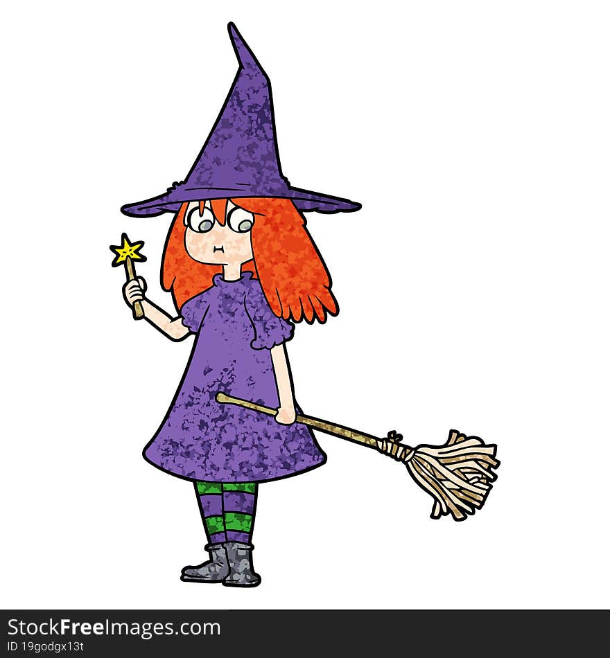 cartoon witch girl with broom. cartoon witch girl with broom