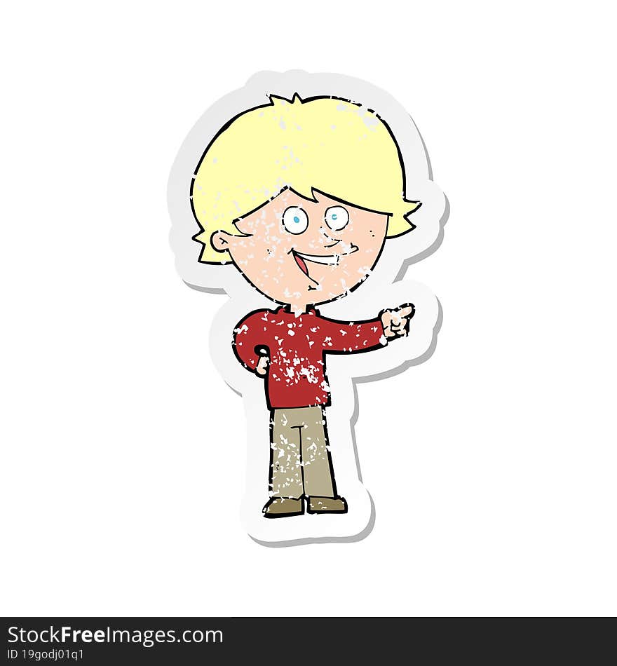 retro distressed sticker of a cartoon boy laughing and pointing