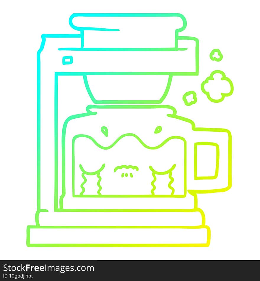 cold gradient line drawing of a cartoon crying filter coffee machine