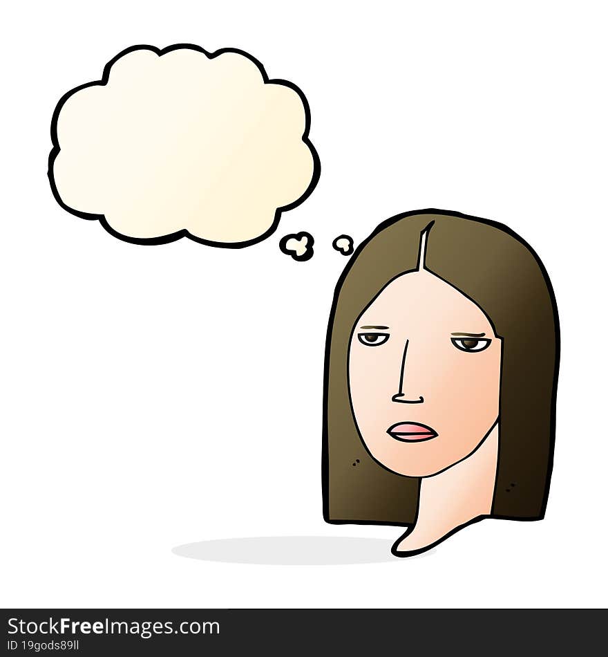 cartoon serious woman with thought bubble