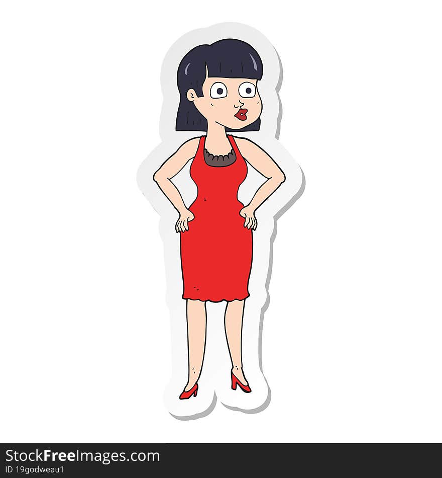 sticker of a cartoon woman in dress with hands on hips