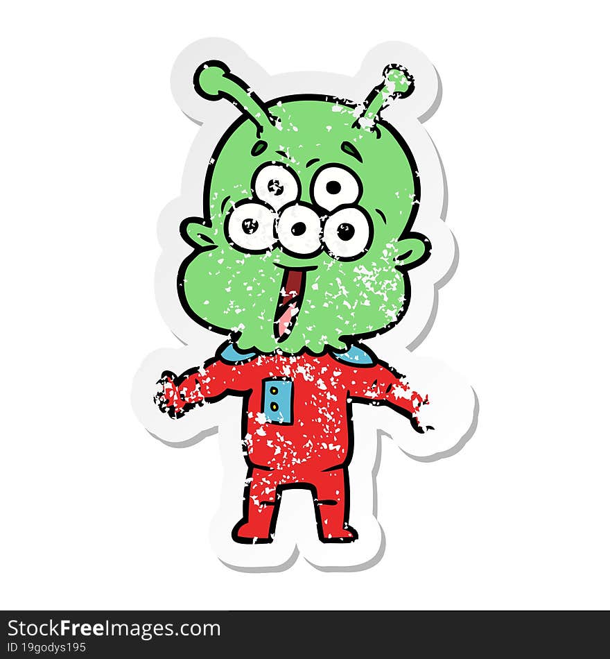 distressed sticker of a happy cartoon alien