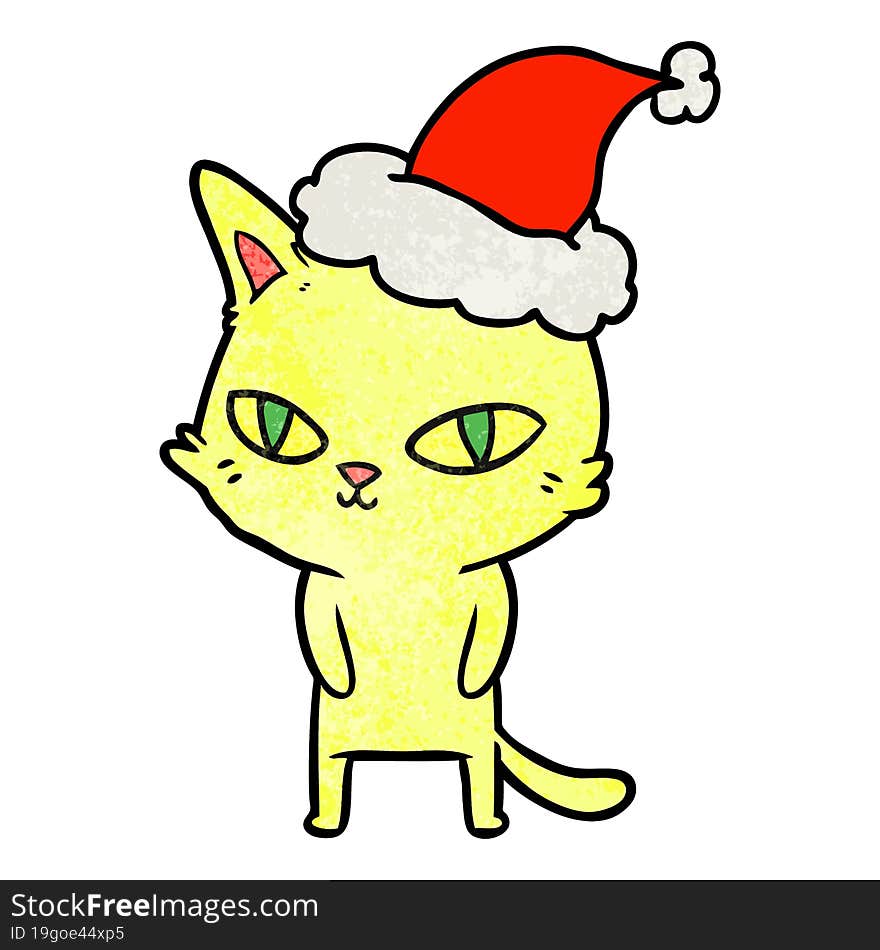 Textured Cartoon Of A Cat With Bright Eyes Wearing Santa Hat