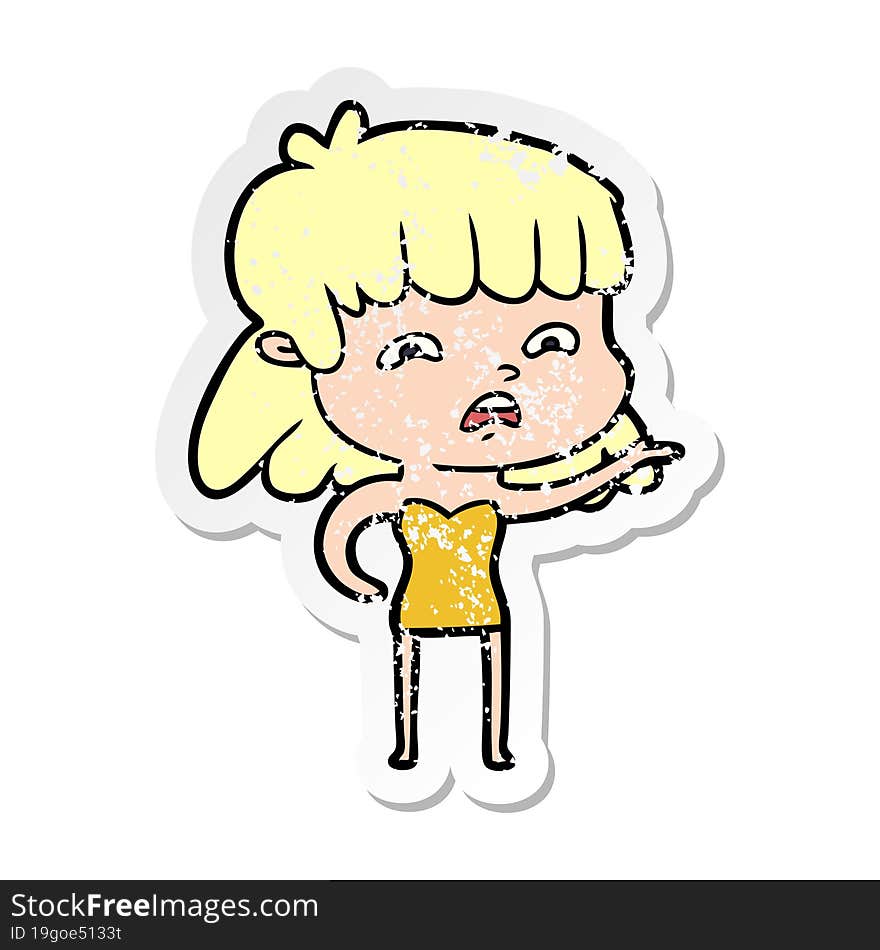 distressed sticker of a cartoon worried woman