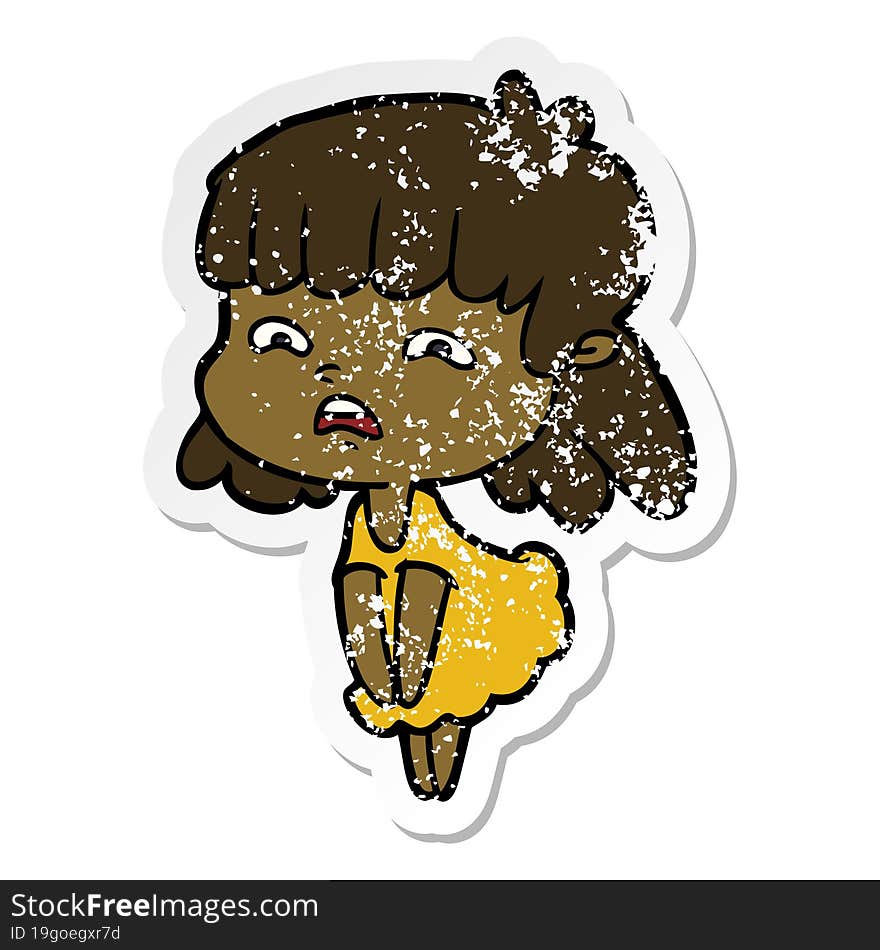 distressed sticker of a cartoon worried woman