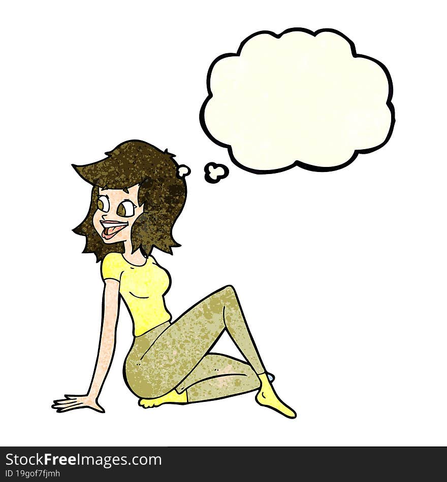 cartoon pretty woman looking happy with thought bubble