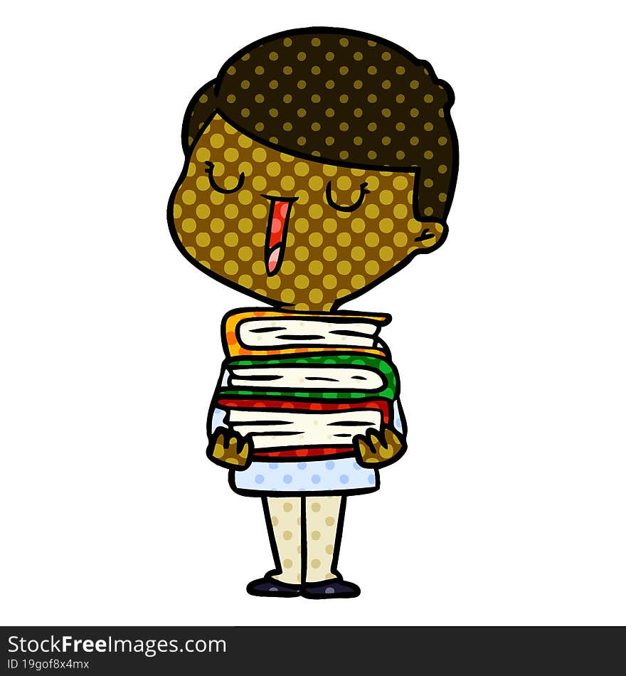 cartoon happy boy with stack of books. cartoon happy boy with stack of books