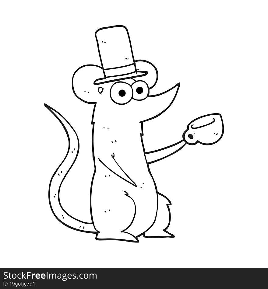 black and white cartoon mouse with cup and top hat