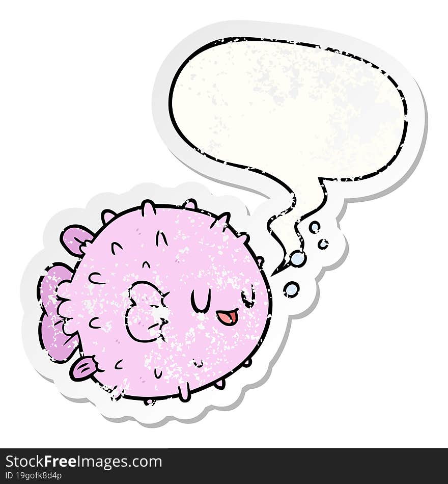 cartoon blowfish and speech bubble distressed sticker