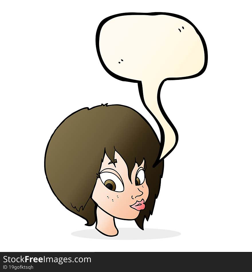 Cartoon Pretty Female Face Pouting With Speech Bubble