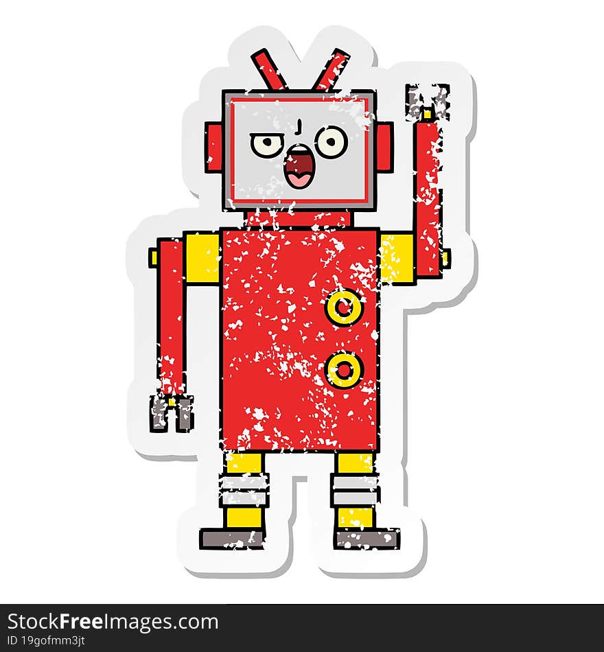 Distressed Sticker Of A Cute Cartoon Angry Robot