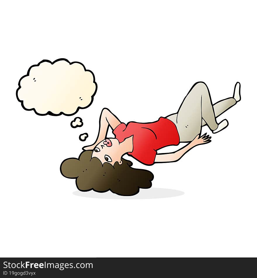 cartoon woman lying on floor with thought bubble