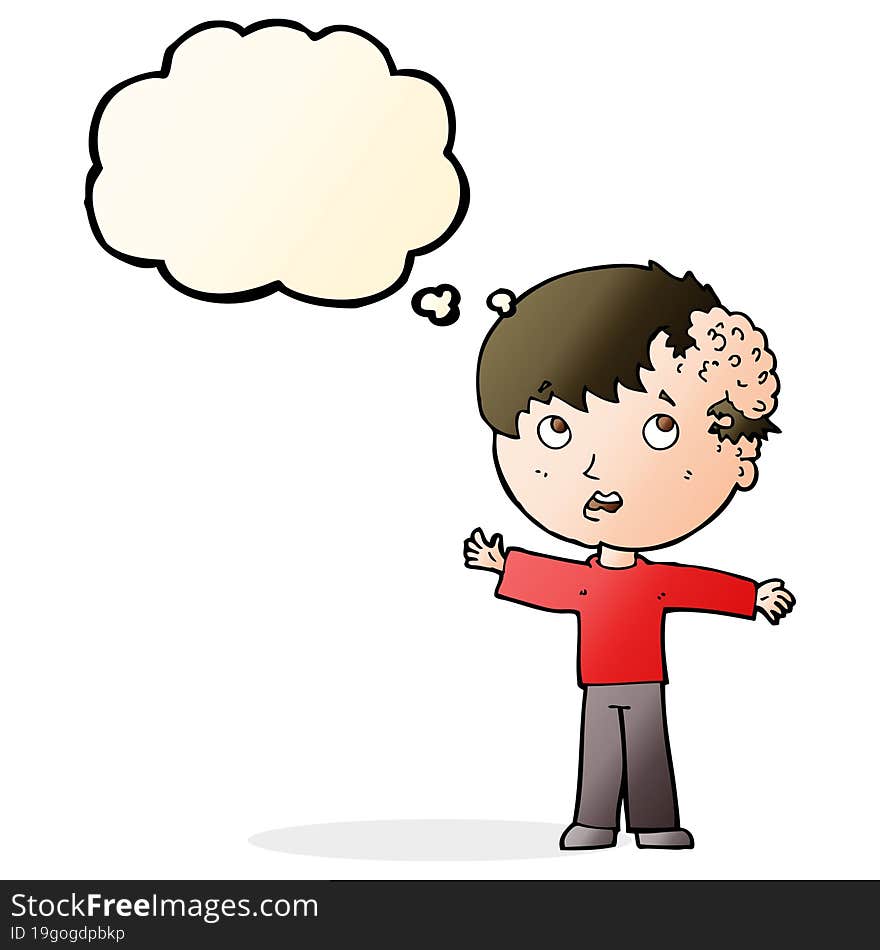 cartoon boy with growth on head with thought bubble