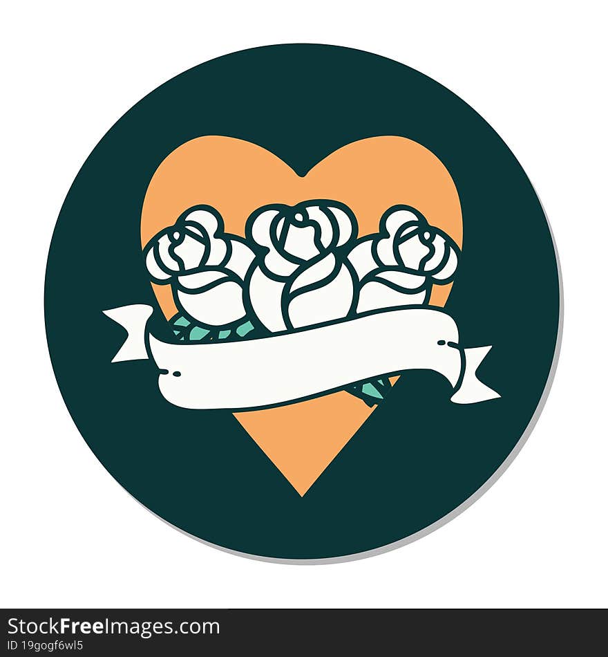 Tattoo Style Sticker Of A Heart And Banner With Flowers