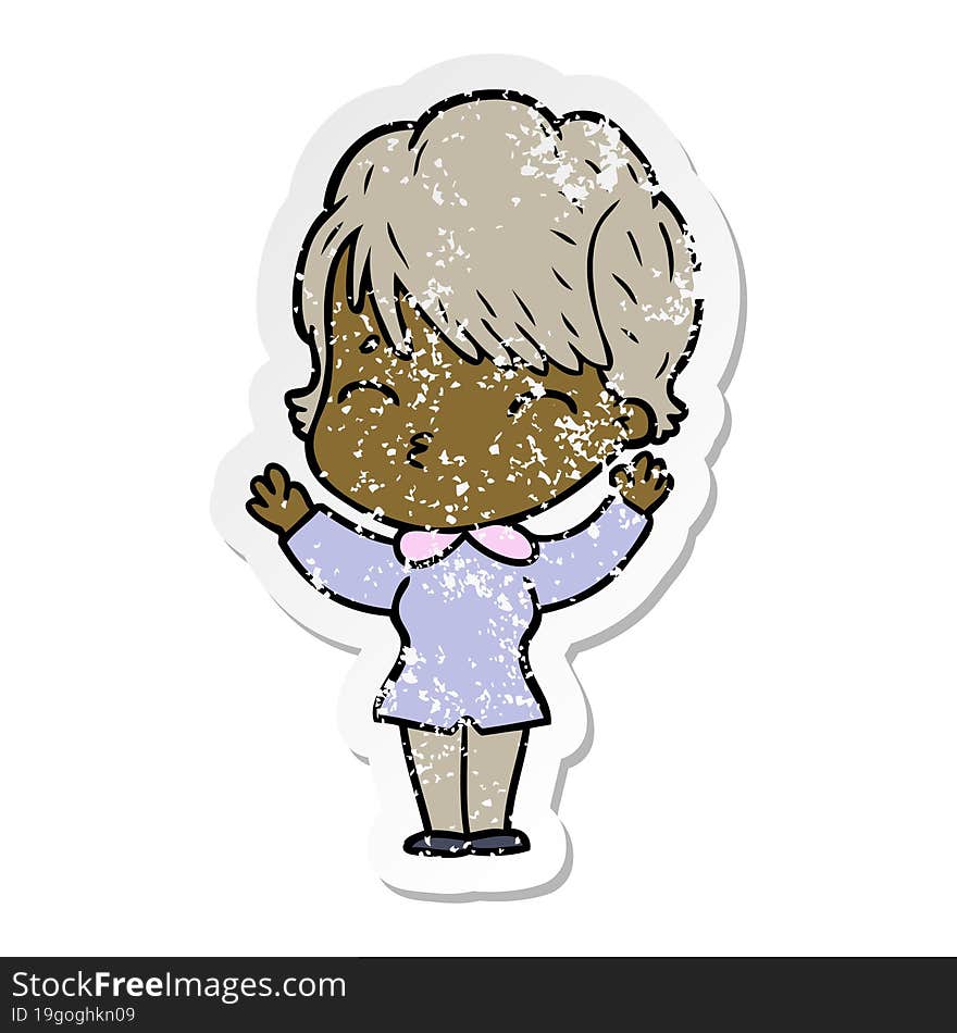 distressed sticker of a cartoon woman thinking