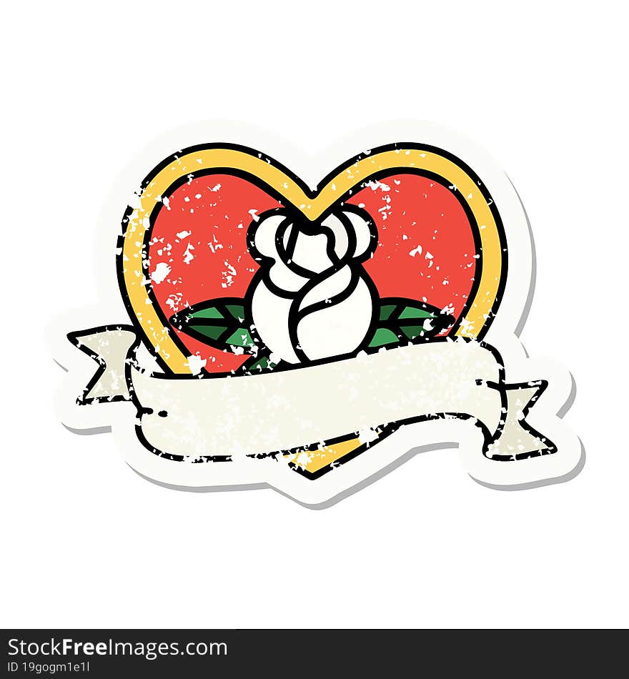 distressed sticker tattoo in traditional style of a heart rose and banner. distressed sticker tattoo in traditional style of a heart rose and banner