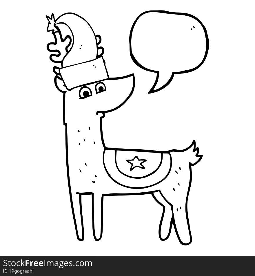 freehand drawn speech bubble cartoon reindeer wearing christmas hat