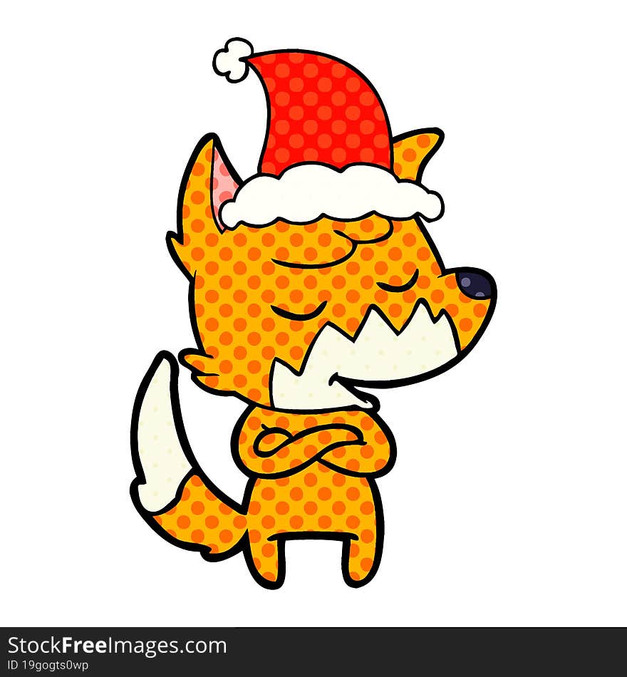 friendly comic book style illustration of a fox wearing santa hat