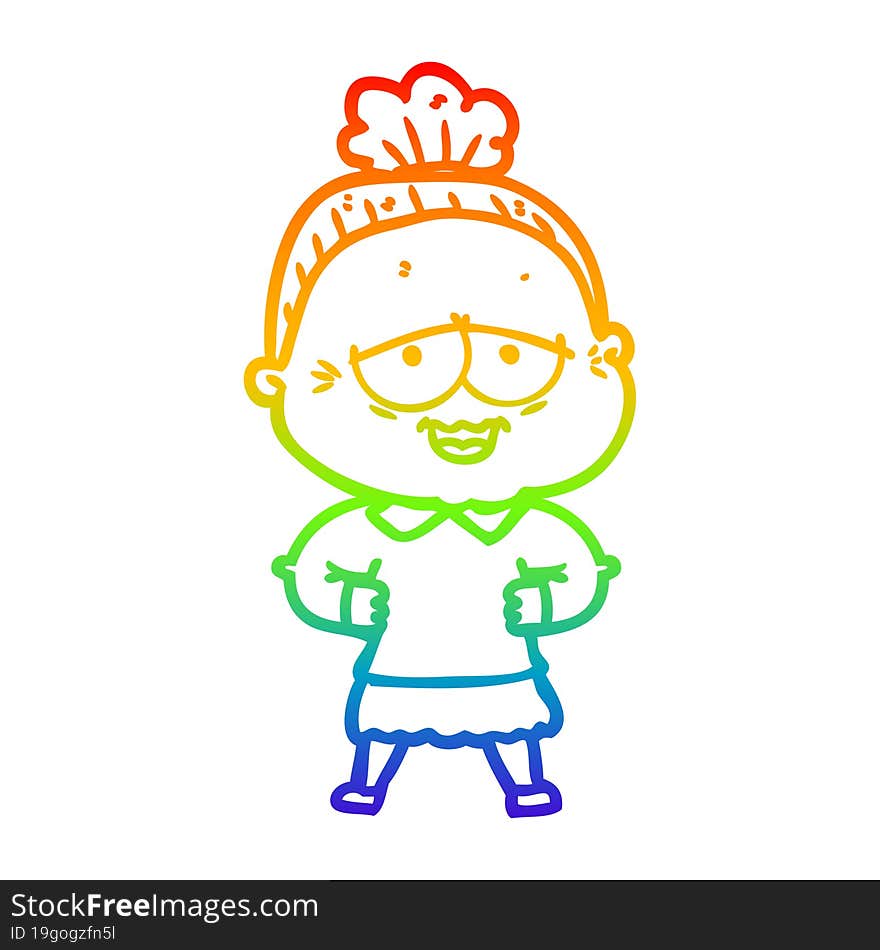 rainbow gradient line drawing of a cartoon happy old lady