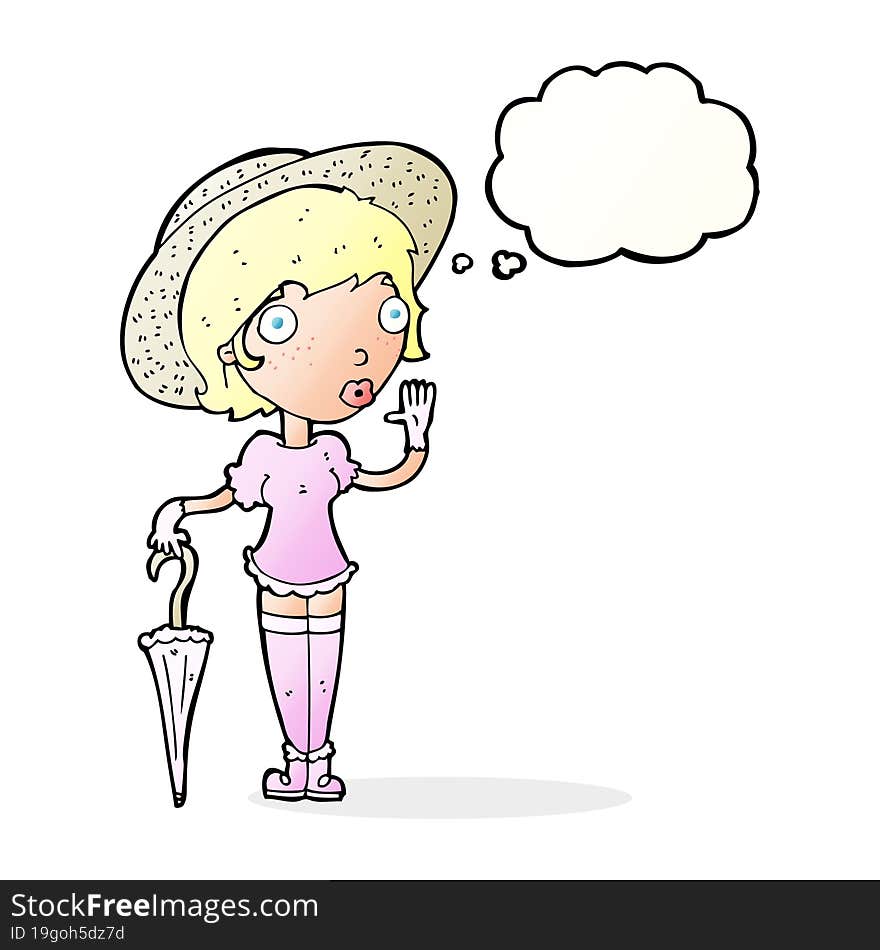 cartoon woman in summer hat waving with thought bubble