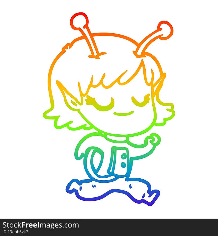 rainbow gradient line drawing smiling alien girl cartoon