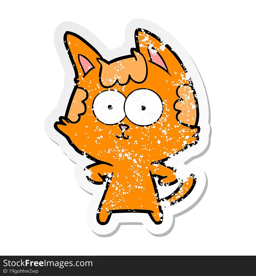 distressed sticker of a happy cartoon cat