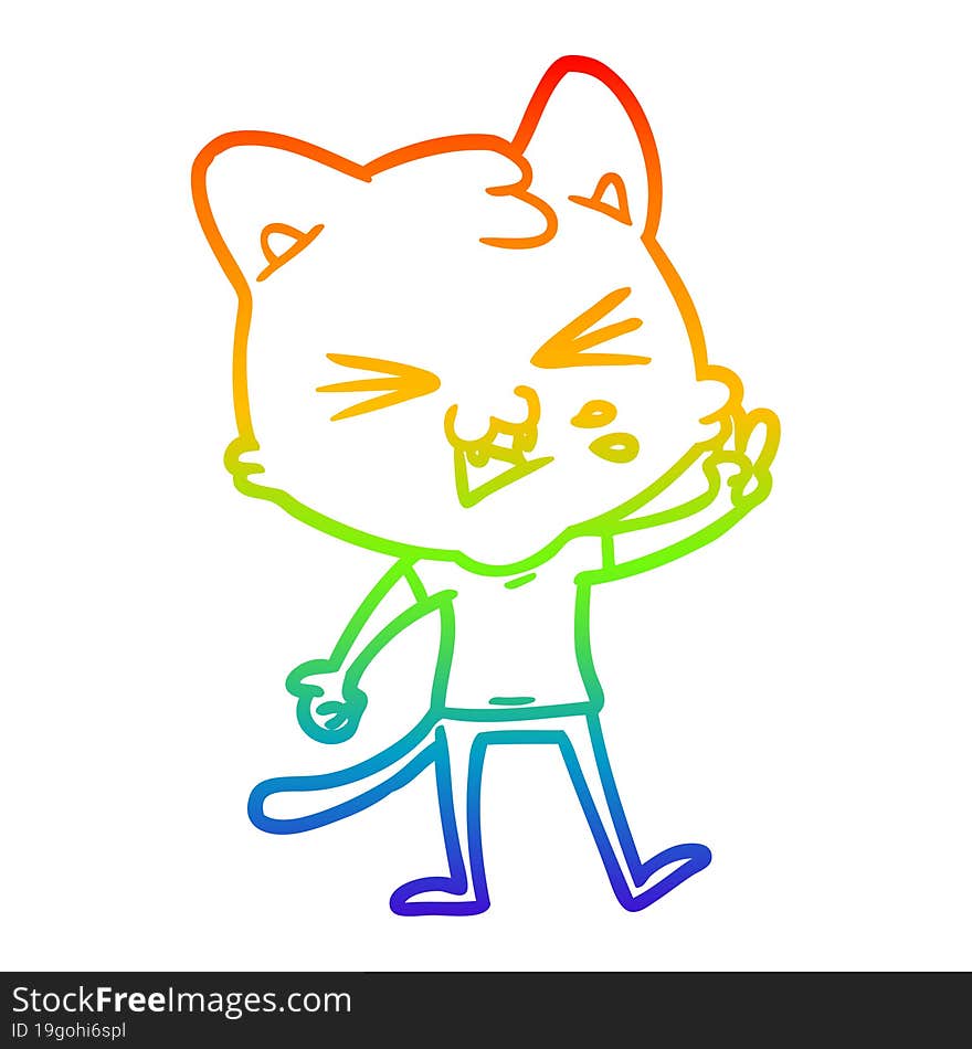 rainbow gradient line drawing of a cartoon cat hissing