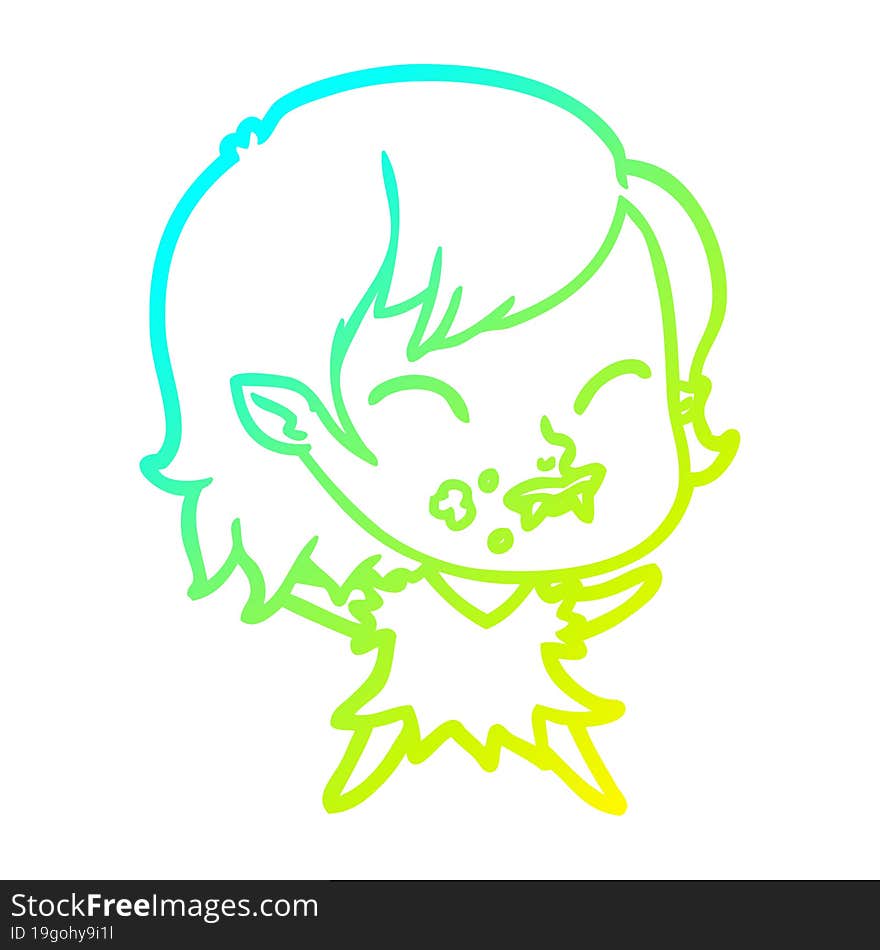 cold gradient line drawing cartoon vampire girl with blood on cheek