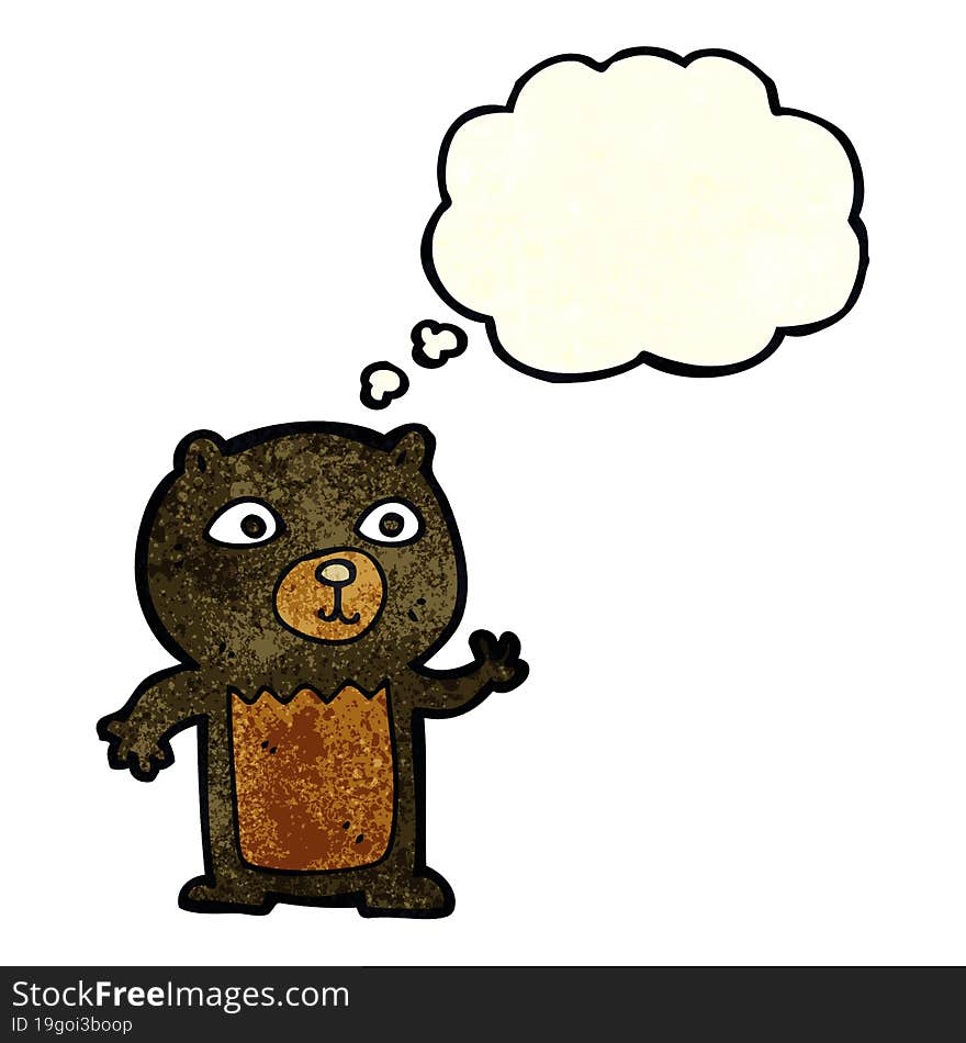 cartoon waving black bear cub with thought bubble