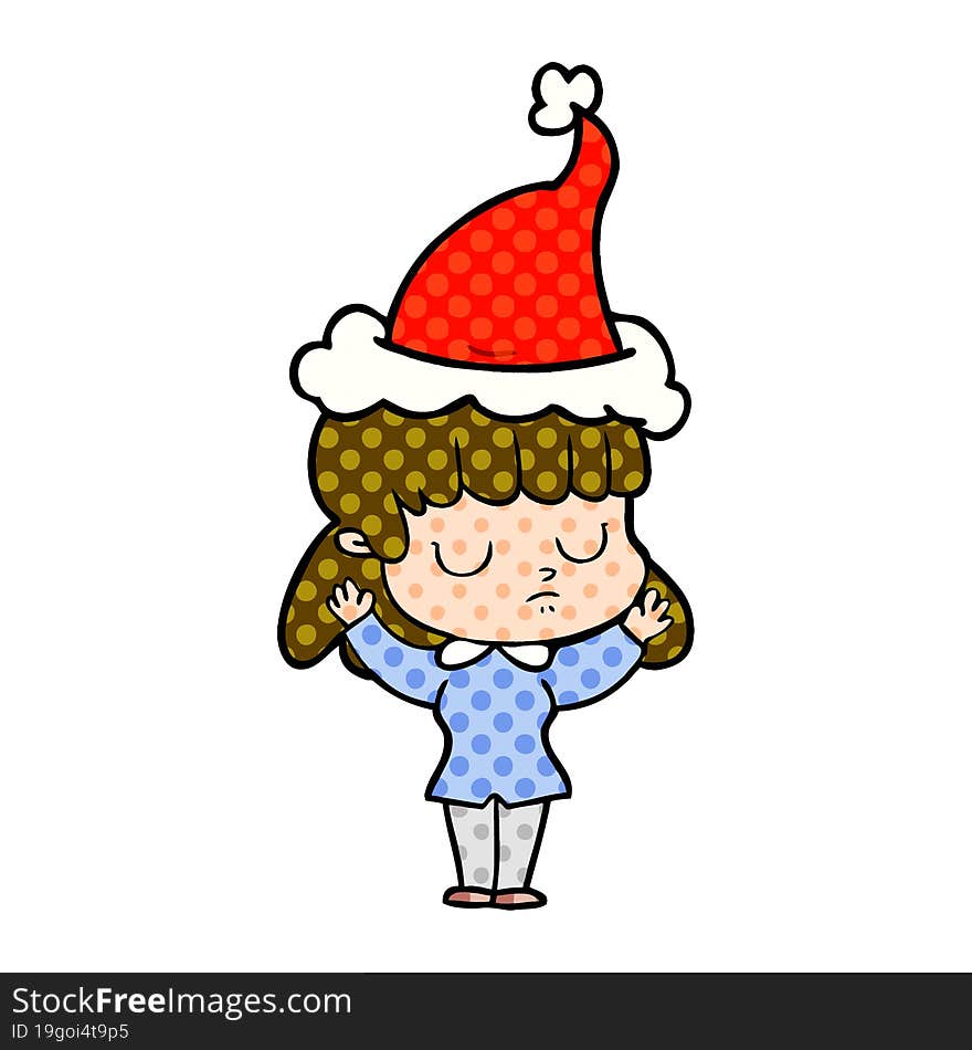 comic book style illustration of a indifferent woman wearing santa hat