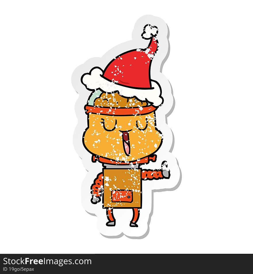 happy distressed sticker cartoon of a robot wearing santa hat