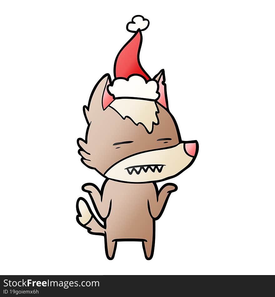 gradient cartoon of a wolf showing teeth wearing santa hat