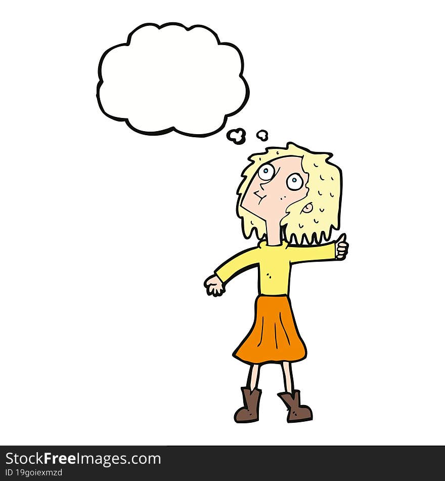 cartoon woman looking up to the sky with thought bubble