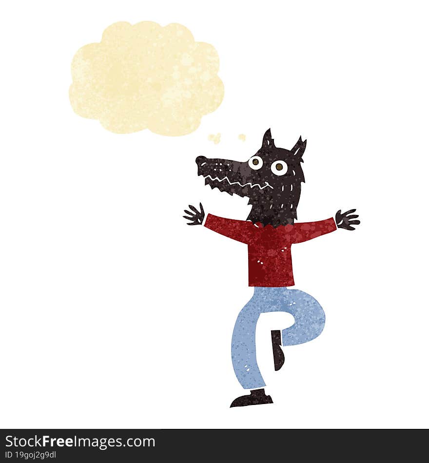 cartoon wolf man with thought bubble