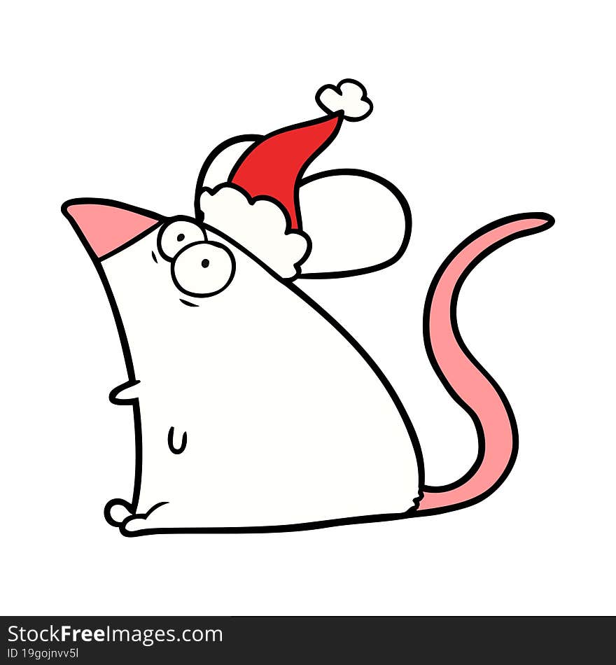 line drawing of a frightened mouse wearing santa hat