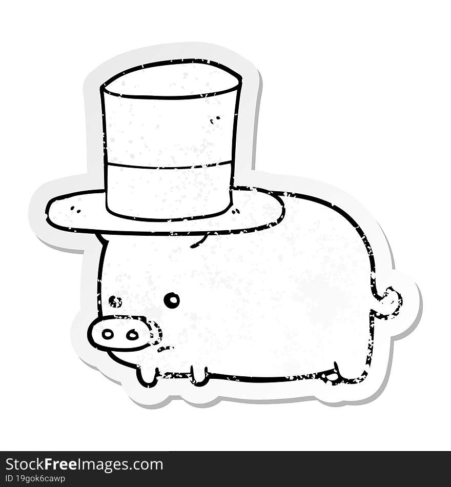 distressed sticker of a cartoon pig wearing top hat