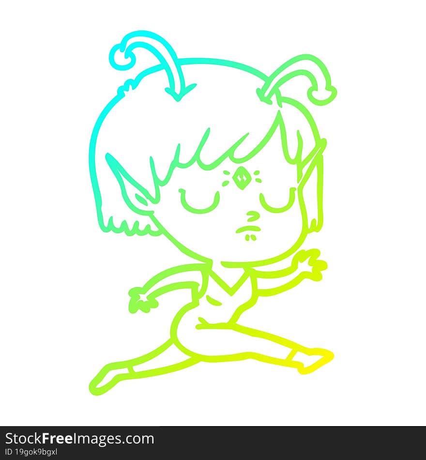 cold gradient line drawing of a cartoon alien girl