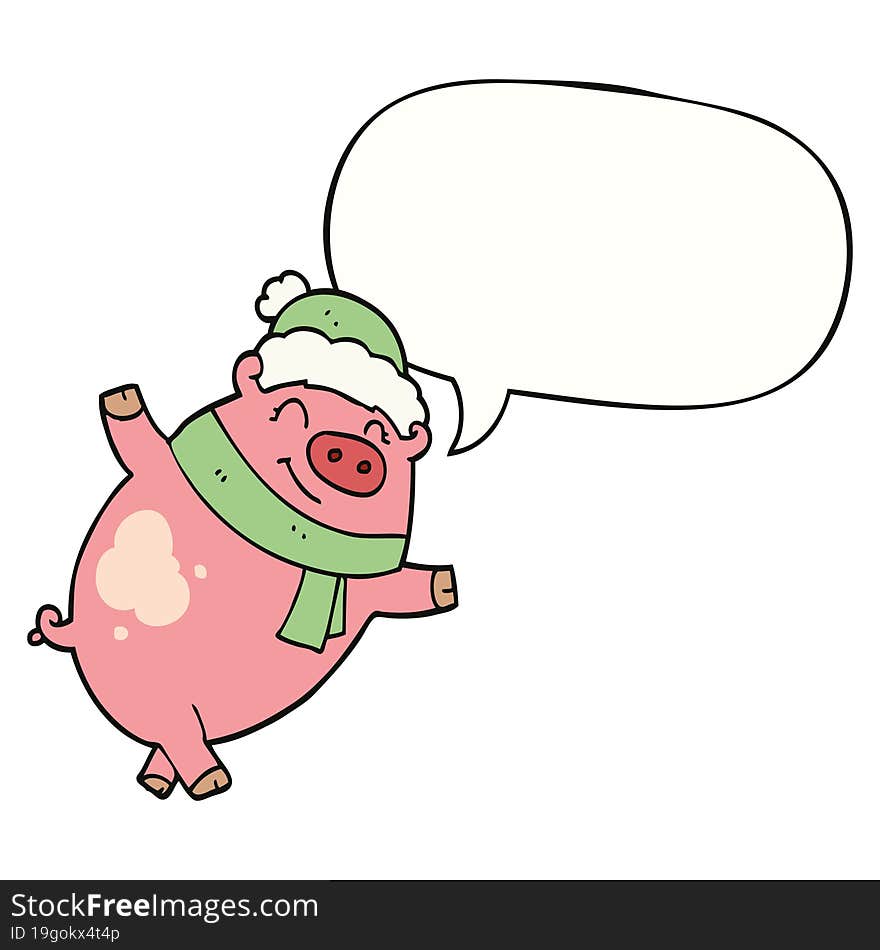 cartoon pig wearing christmas hat and speech bubble