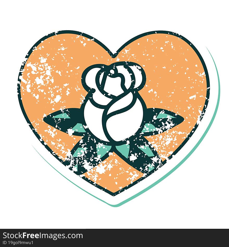 iconic distressed sticker tattoo style image of a heart and flowers. iconic distressed sticker tattoo style image of a heart and flowers