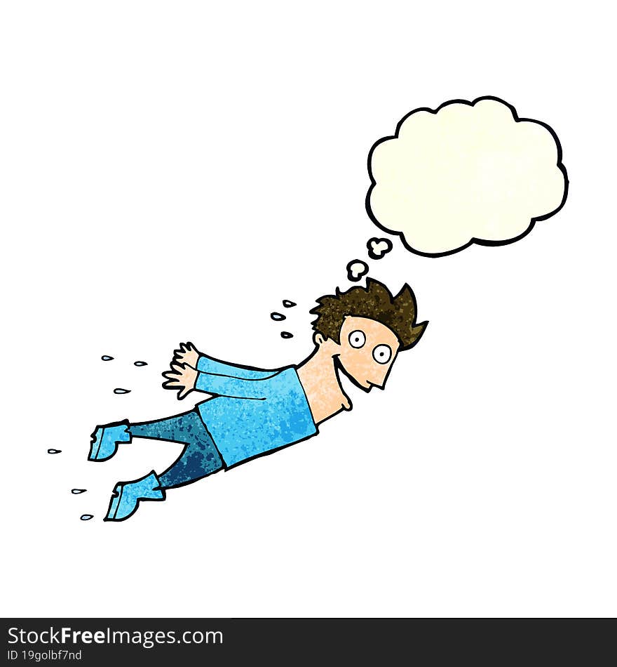 Cartoon Drenched Man Flying With Thought Bubble