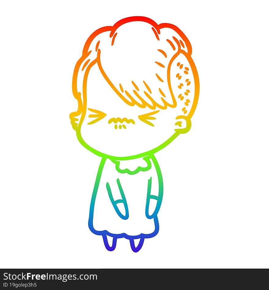 rainbow gradient line drawing of a cartoon annoyed hipster girl