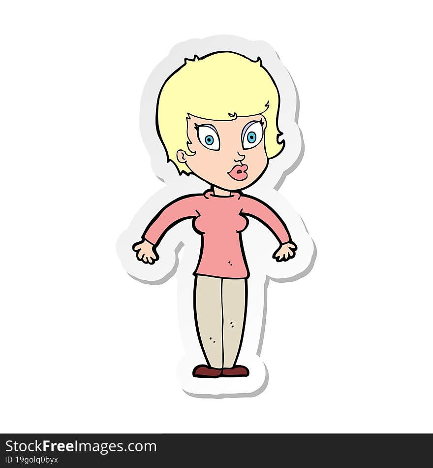 sticker of a cartoon woman shrugging shoulders